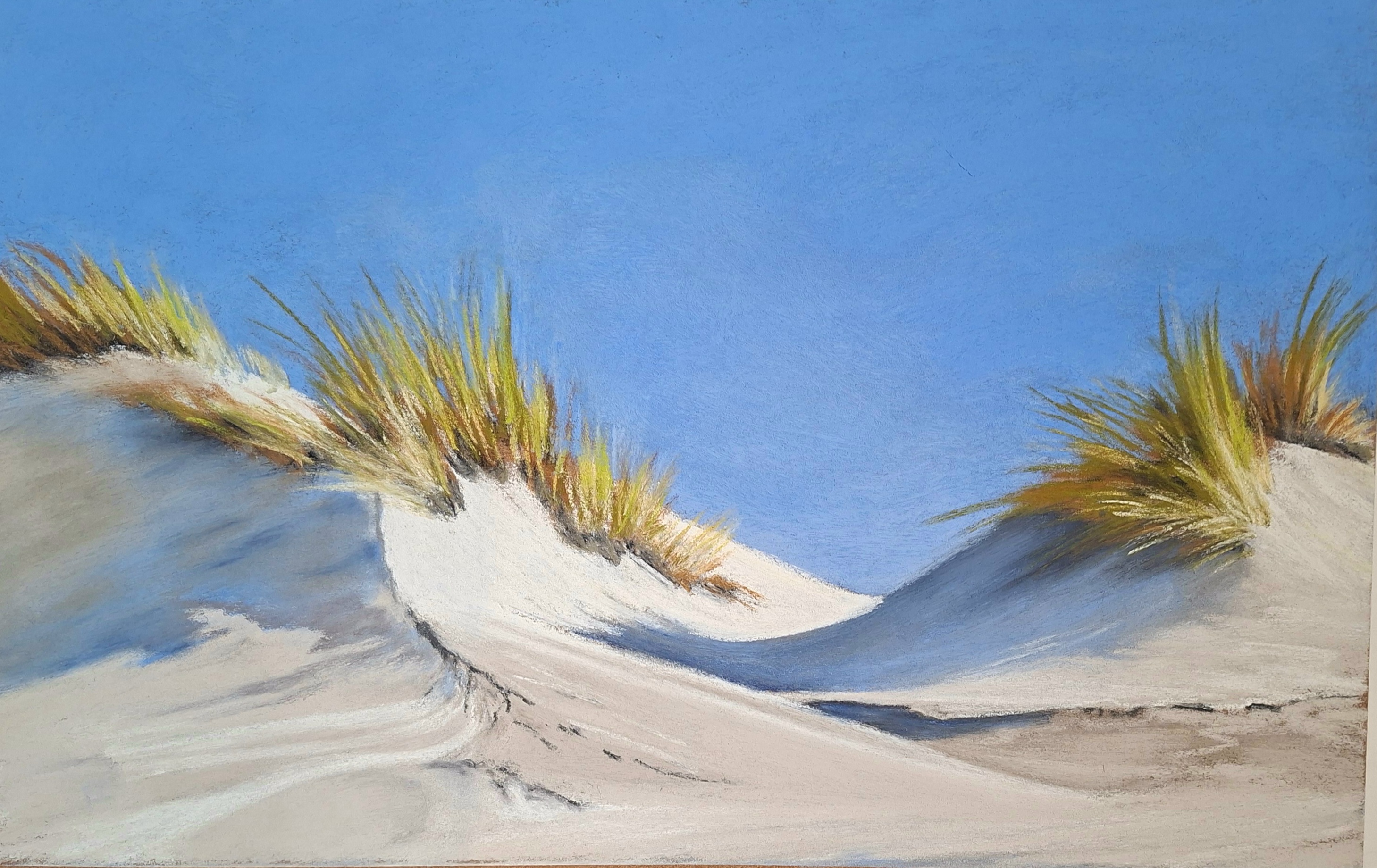 Pastellbild: Dünengras vor blauem Meer und weitem Himmel